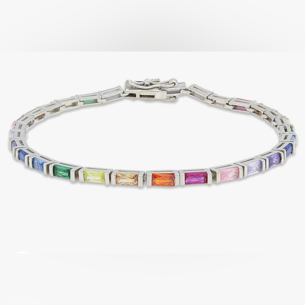 Tennis bracelet- silver with multi color stones.